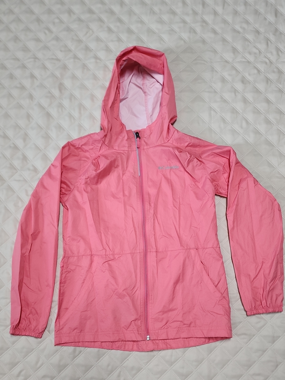 Columbia Kids' Pink Hooded lightweight Rain Jacket with embroidered logo L 14-16